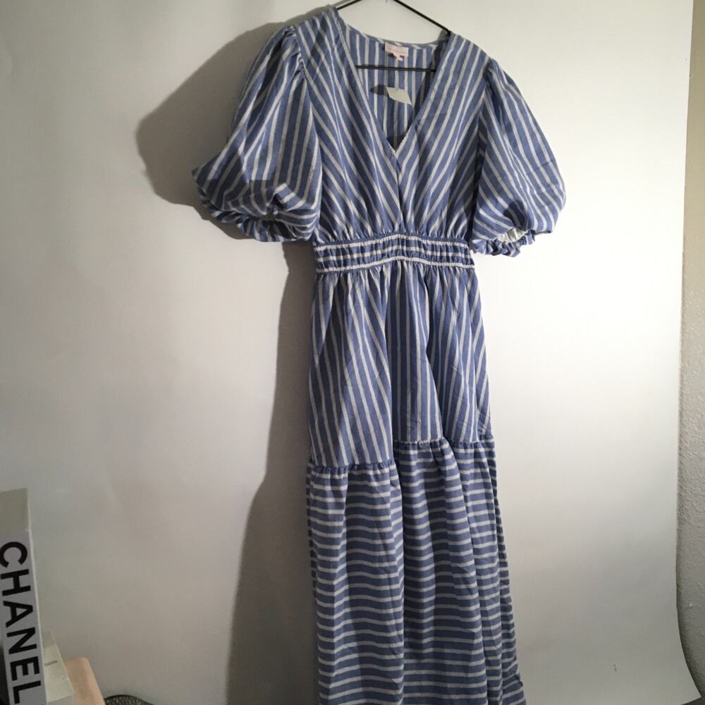 Love Wednesday Women's Size Medium Blue & White Cotton Striped Midi Dress - Picture 3 of 7